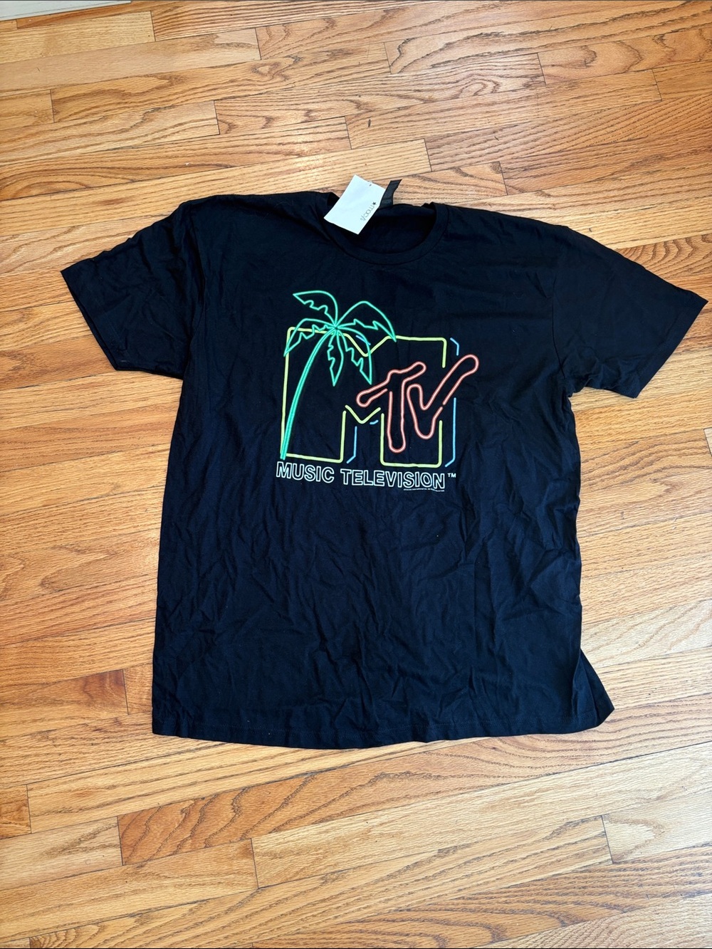MTV Black Tee with Neon Green and Coral Logo